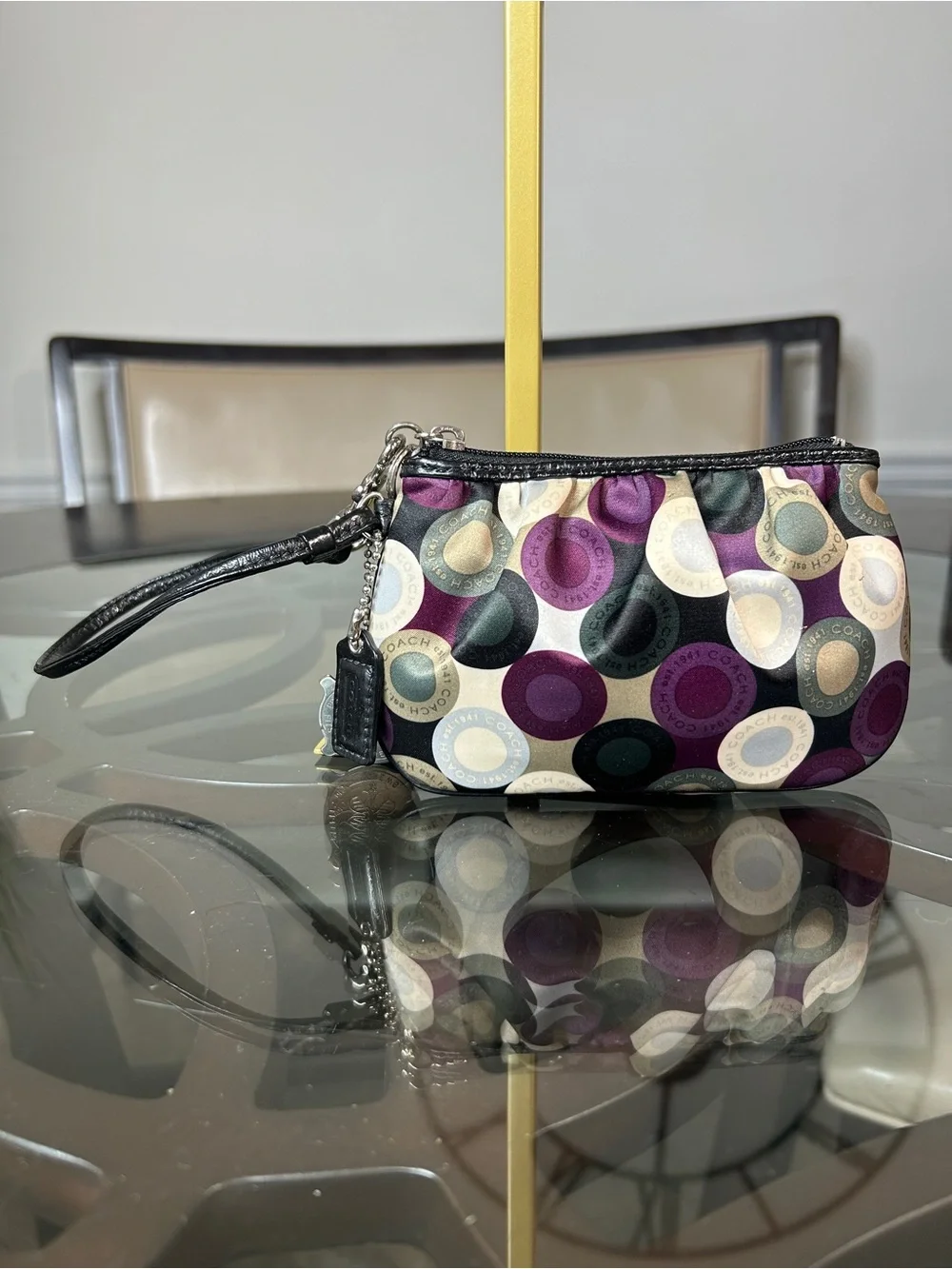 Vintage Coach Optic Dot Circle Satin Wristlet Pouch Purple Black Multi 41819